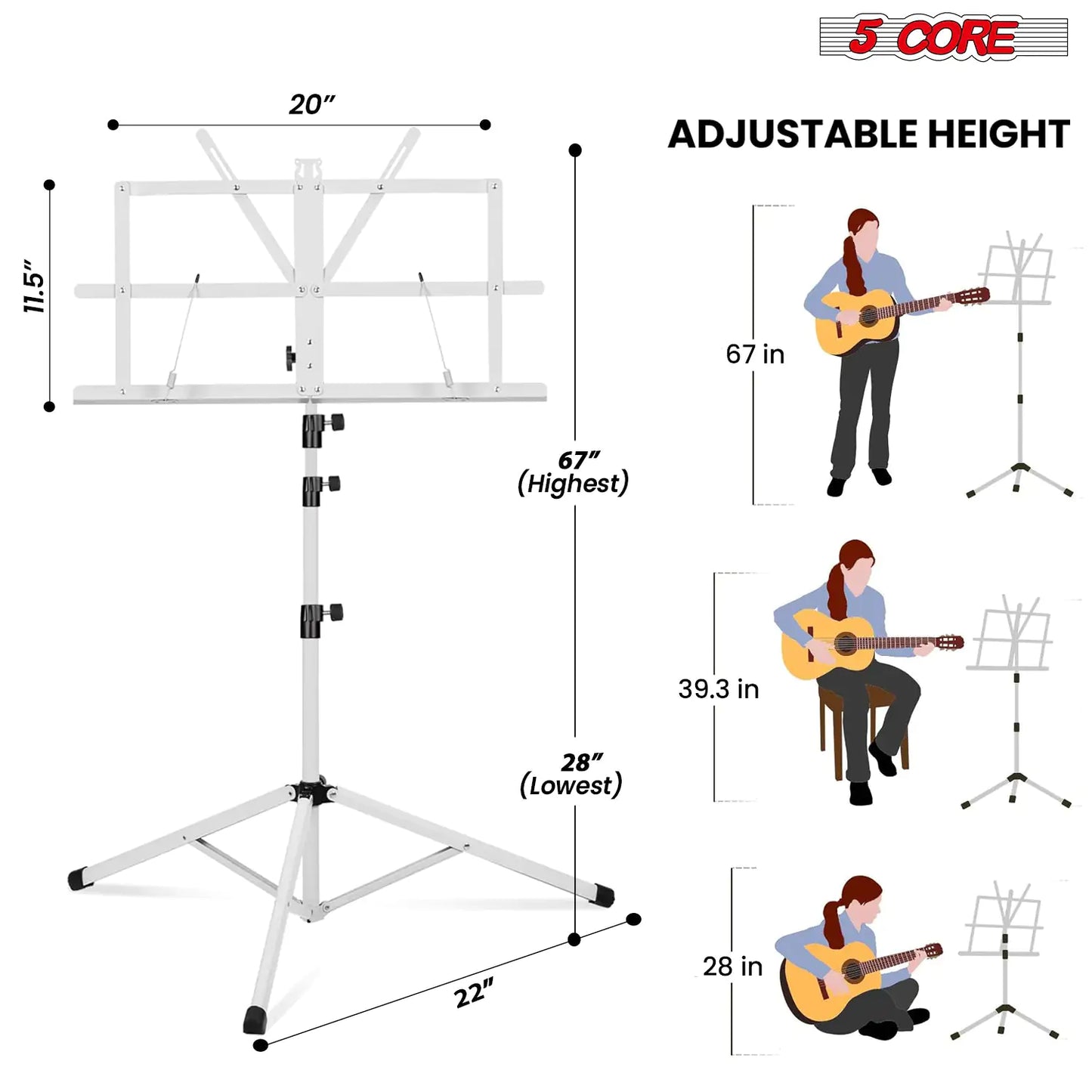 Suporte de Música 5Core para Partituras de Música Portátil com Tripé Ajustável e Dobrável, Suporte para Notas Mais Alto Branco