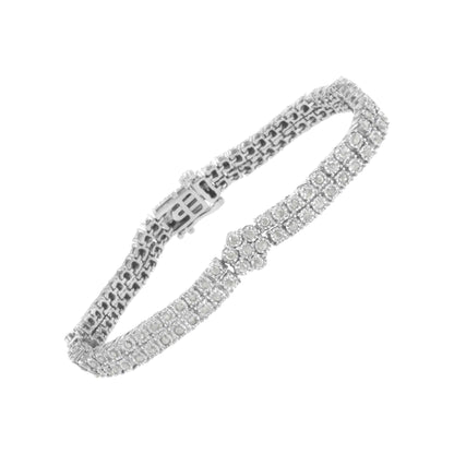 .925 Sterling Silber Diamant Doppelreihe und Blumencluster Tennisarmband (2 Karat, I-J Farbe, I3 Reinheit) - Größe 7.25"