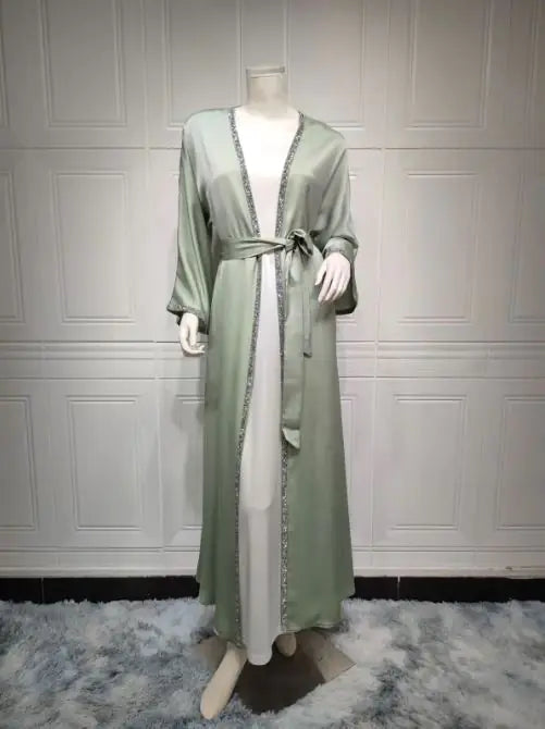 Rhinestone Dress Fashion Satin Soft Shawl Waist-tight Robe