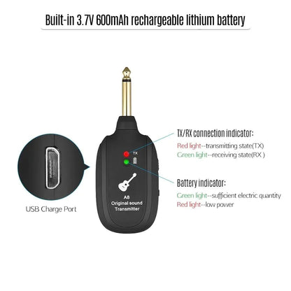 UHF Guitar Wireless System Transmitter+Receiver Built In Rechargeable Battery