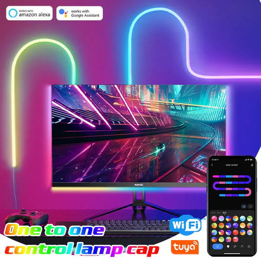 Barra de Luz Neon LED RGB com WiFi, Controle por App e Voz, Sincronização com Música – Ideal para Iluminação de Fundo de TV e Decoração de Ambientes