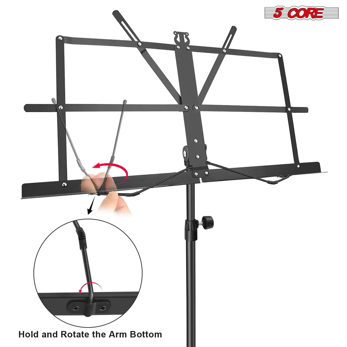 Suporte de Música 5Core Para Partituras Portátil Tripé Ajustável Dobrável com Luz Suporte para Notas PRETO