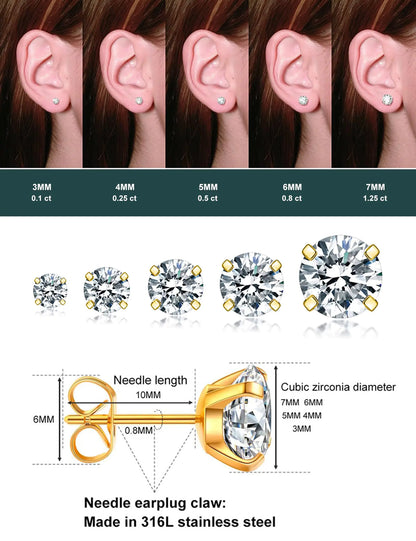 5 Pairs Stud Earrings Set, Hypoallergenic Cubic Zirconia 316L Earrings Stainless Steel CZ Earrings 3-8mm (Steel color) A-002-gold