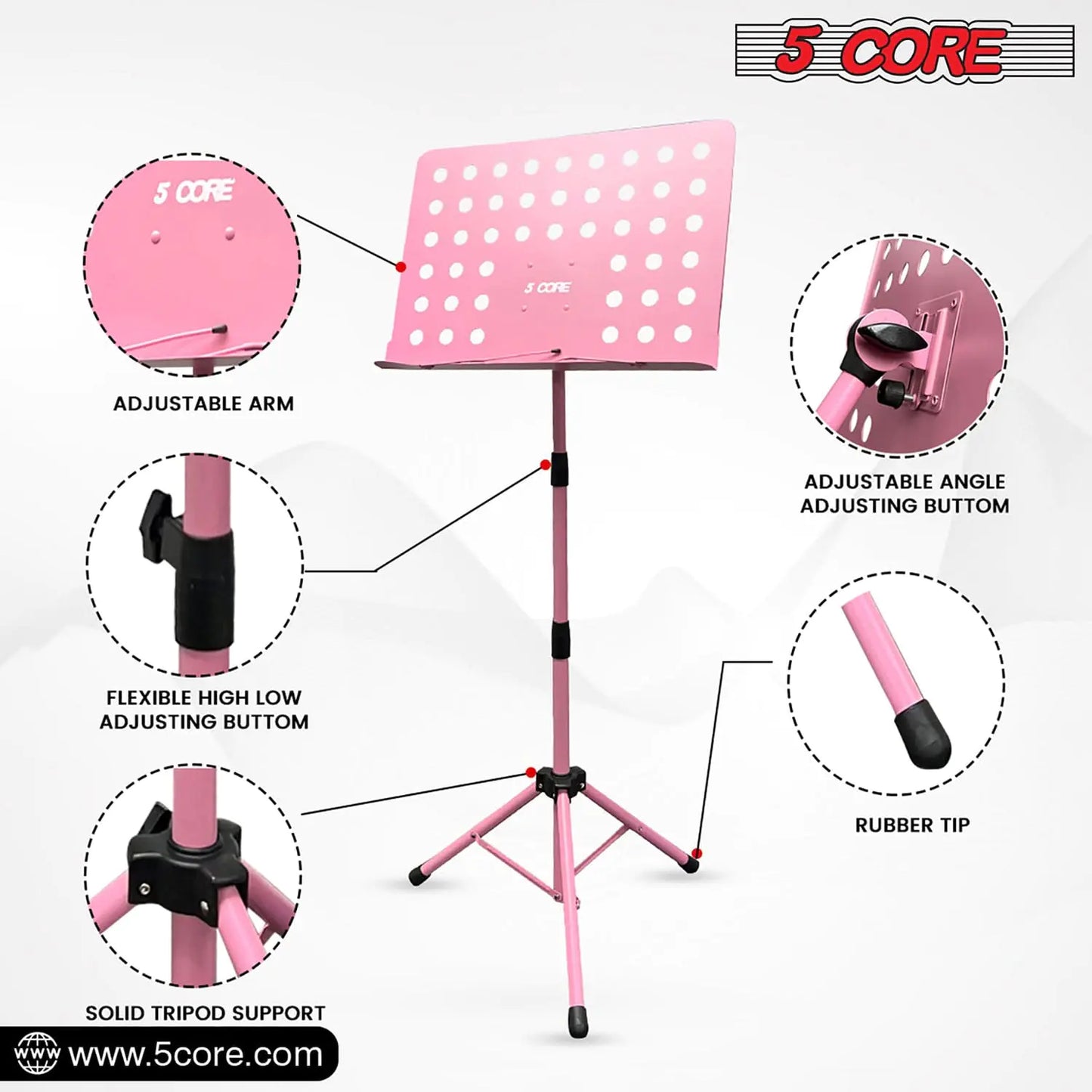 Suporte para Música 5Core para Partituras, Tripé Portátil Ajustável e Dobrável, Suporte para Notas, ROSA