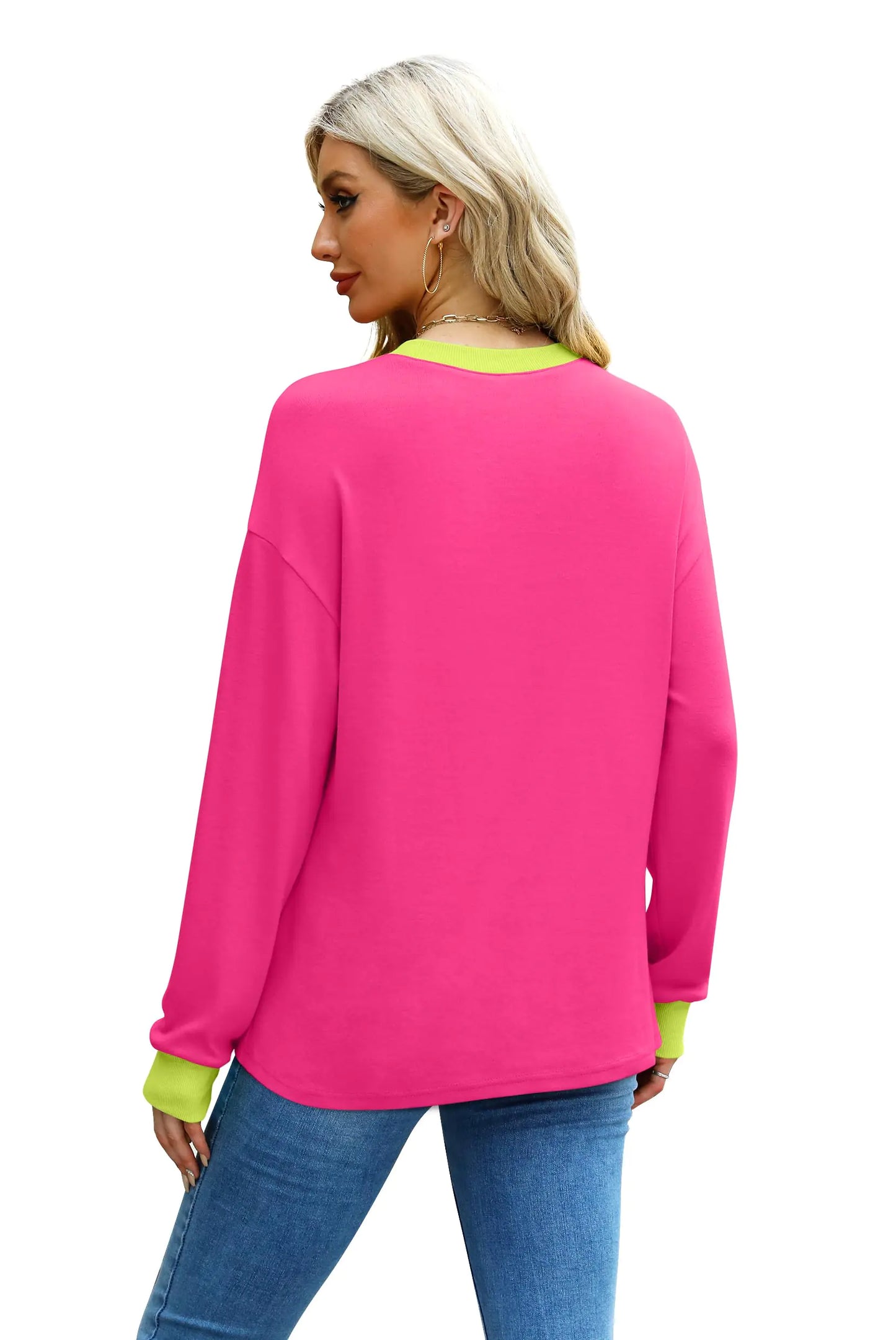 WIHOLL Womens Tunic Tops Long Sleeve Striped Shirts Crewneck Tops Plain Hot Pink X-Large