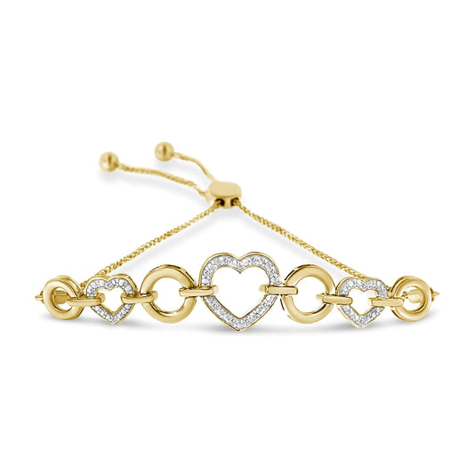 10K Yellow Gold over .925 Sterling Silver 1/10 Cttw Round-Cut Diamond Heart-Link Adjustable Bolo Bracelet (H-I Color, I2-I3 Clarity) - 6"-9" Adjustable