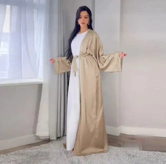 Rhinestone Dress Fashion Satin Soft Shawl Waist-tight Robe