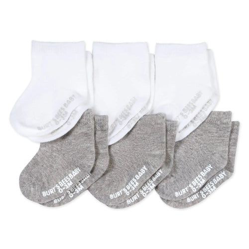 Burt's Bees Baby Unisex Baby Socks Ankle or Crew Height Made with Soft Organic Cotton, 6 Packs with Non-Slip Grips for Babies 3-12 Months Solid Grey/White