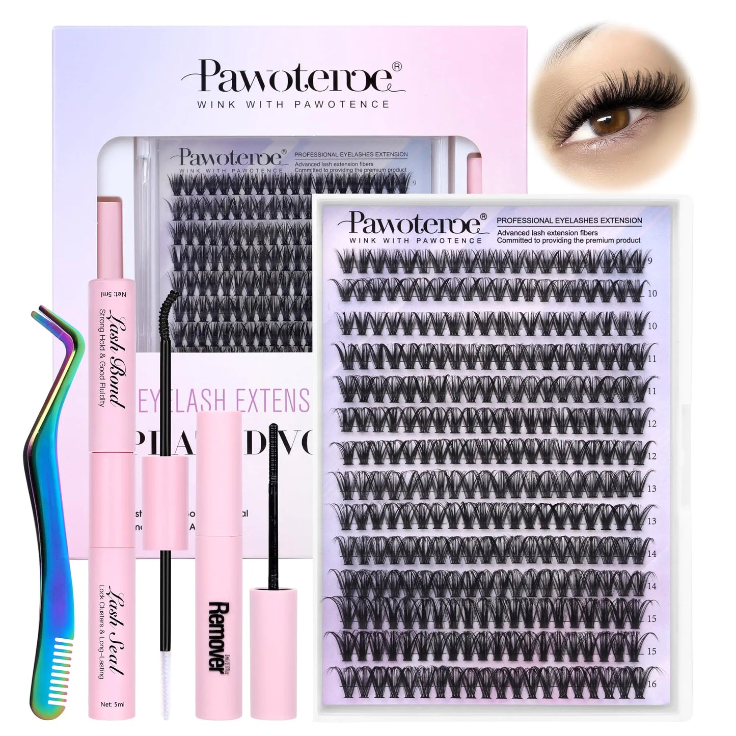 Pawotence Lash Extension Kit DIY 280pcs Individual Lash Clusters Kit 9-16mm 40D Cluster Eyelash Extension Kit with Lash Bond and Seal, Lash Remover, Lash Tweezers for Self Use (40D, 9-16mm, All Kit) 40D KIT all prestige