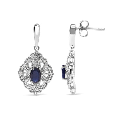 .925 Sterling Silver 6x4 MM Oval Blue Sapphire and White Diamond Accent Art Deco Style Shield Dangle Earring (I-J Color, I3 Clarity)