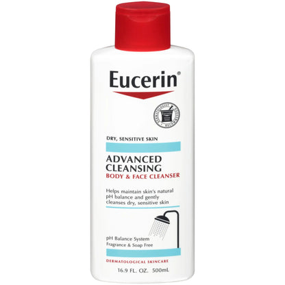 Eucerin Advanced Cleansing Body and Face Cleanser, PH-Balanced, Gentle Face and Body Wash for Normal to Dry, Sensitive Skin, Free of Soap, Fragrances, Dyes and Parabens, 16.9 Fl Oz Bottle