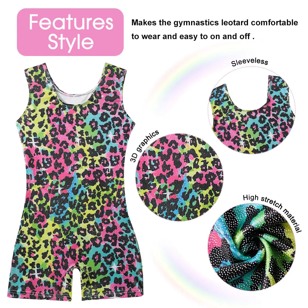 uideazone Gymnastics Leotard for Girls Biketards Sparkly Tank Ballet Unitard with Shorts Quick Dry One-Piece Outfits 2-9Years Colorful Leopard 55 7-8 Years