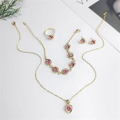 Luxury Cutout Heart Colored Zircon Stud Earring Bracelet Necklace