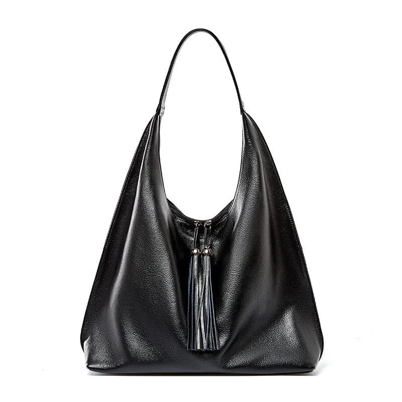 European And American Fashion Tassel Top Layer Cowhide Shoulder Big Bag