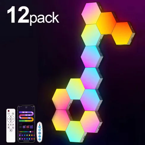 Lâmpada de Parede Hexagonal RGB Inteligente – Luz Ambiente com Mudança de Cores, Sincronização com Música e Controle por App