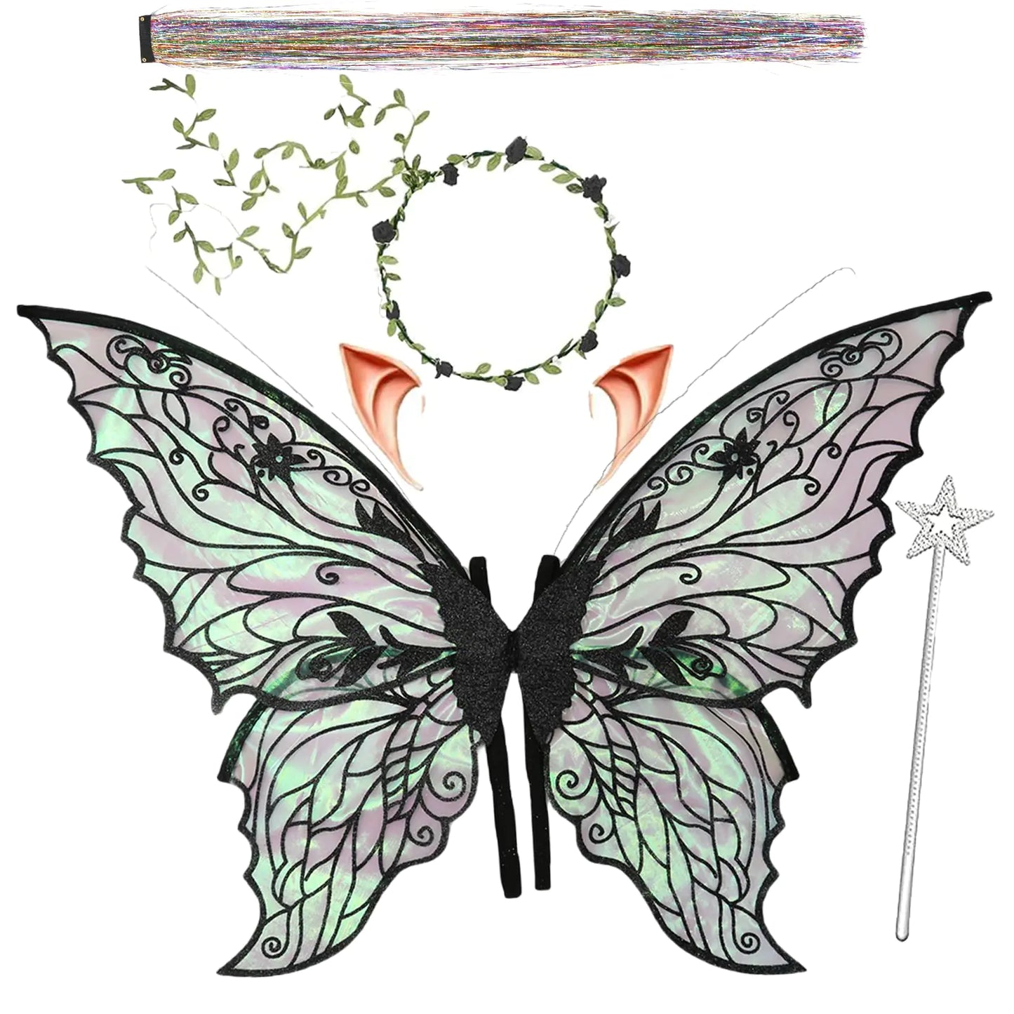 Fairy Wings for Adults and Girls，Fairy Costume Set with Floral Garland, Fairy Hair Tinsel, Wand & Elf Ears – 19"x24" Organza Butterfly Wings – Ideal for Cosplay, Party, Black