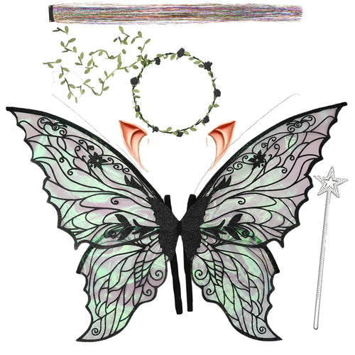 Fairy Wings for Adults and Girls，Fairy Costume Set with Floral Garland, Fairy Hair Tinsel, Wand & Elf Ears – 19"x24" Organza Butterfly Wings – Ideal for Cosplay, Party, Black