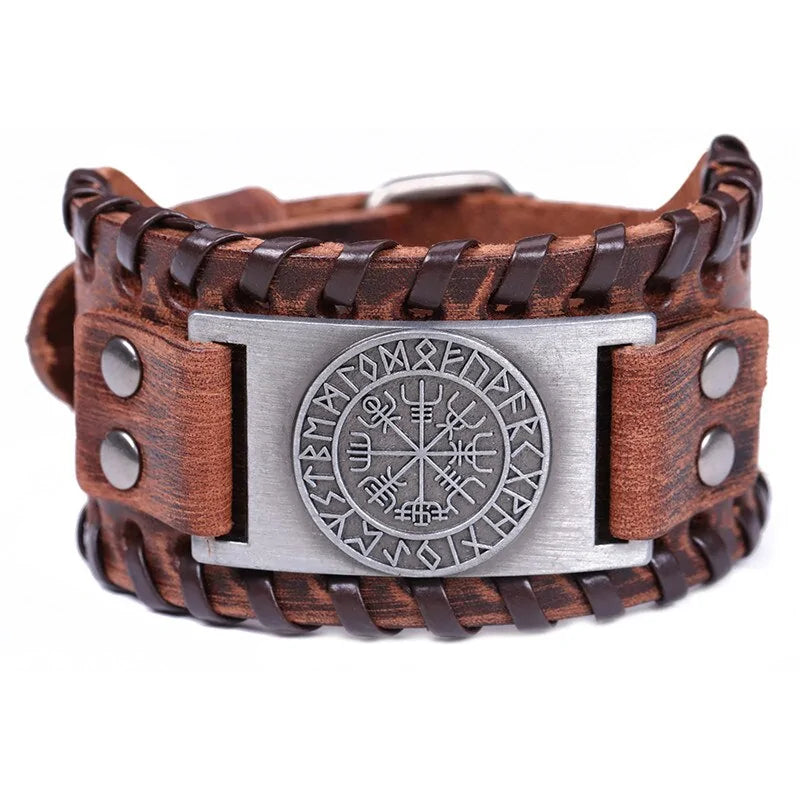 Retro Wide Leather Pirate Compass Bracelet