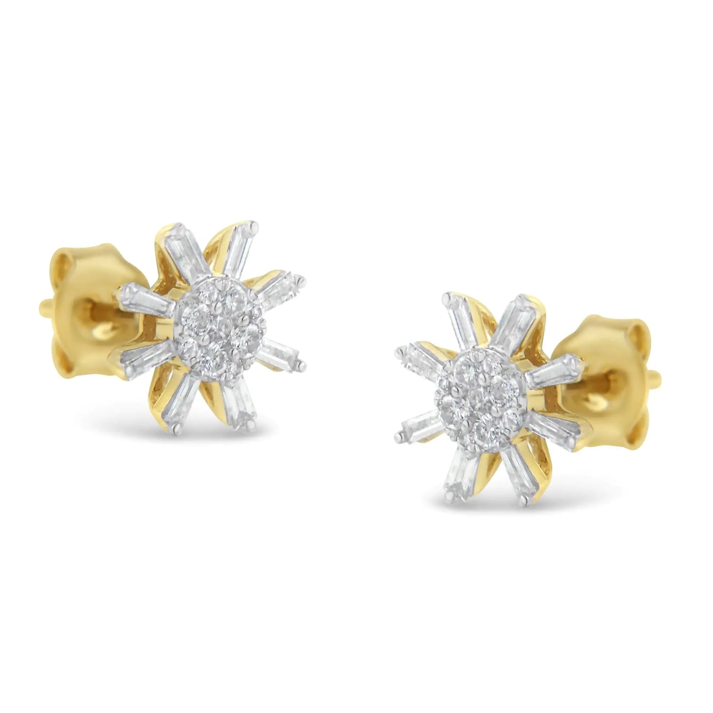 Boucles d'oreilles clous en or jaune 10k avec diamants ronds et baguettes (0,50 ct, couleur H-I, clarté I2-I3)