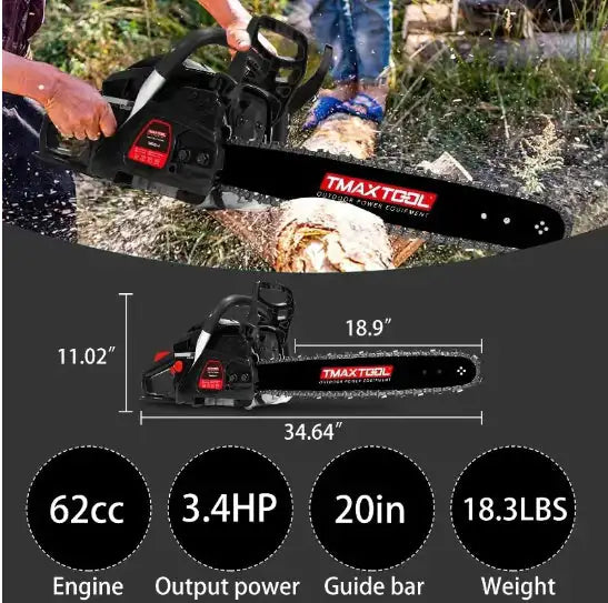 TMAXTOOL 62cc Powerful 20 Inch Gas Chainsaw With 2 Stroke Perfect For Pruning