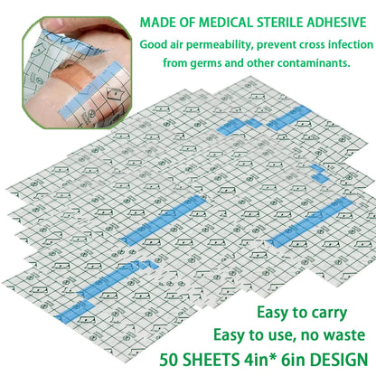 50 Pieces 4 x 6 in Stretch Waterproof Adhesive Bandages Transparent Film for Tattoo Aftercare and Skin Repair Adhesive Tattoo Supply Wrap 4 x 6 Inch(Pack of 50)