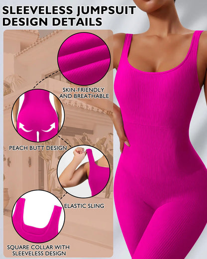 AURUZA Jumpsuit for Women Workout Seamless Jumpsuits Yoga Ribbed One Piece Tank Tops Rompers Sleeveless Exercise Jumpsuits Pink Small