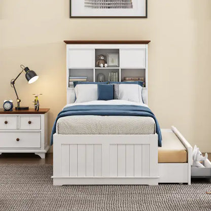 Solid Pine Captain Bookcase Bed With Trundle Bed And 3 Spacious Under Bed Drawers In Casual,Twin, White Walnut