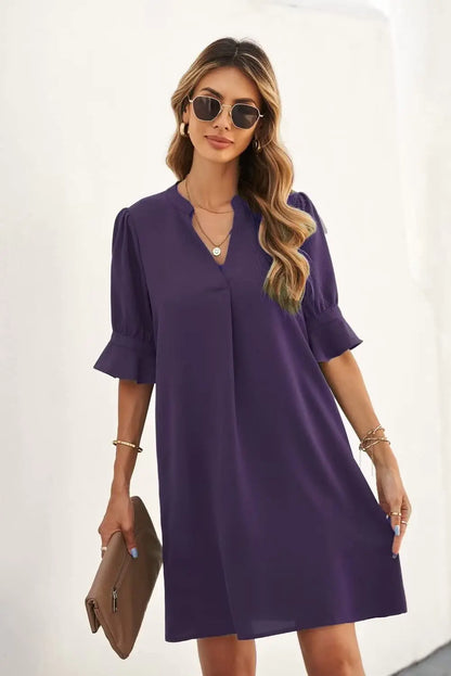 Wkior Shift Dress for Women V Neck Short Sleeves Solid Color Casual Flowy Summer Dresses(S-2XL) Medium B1-purple