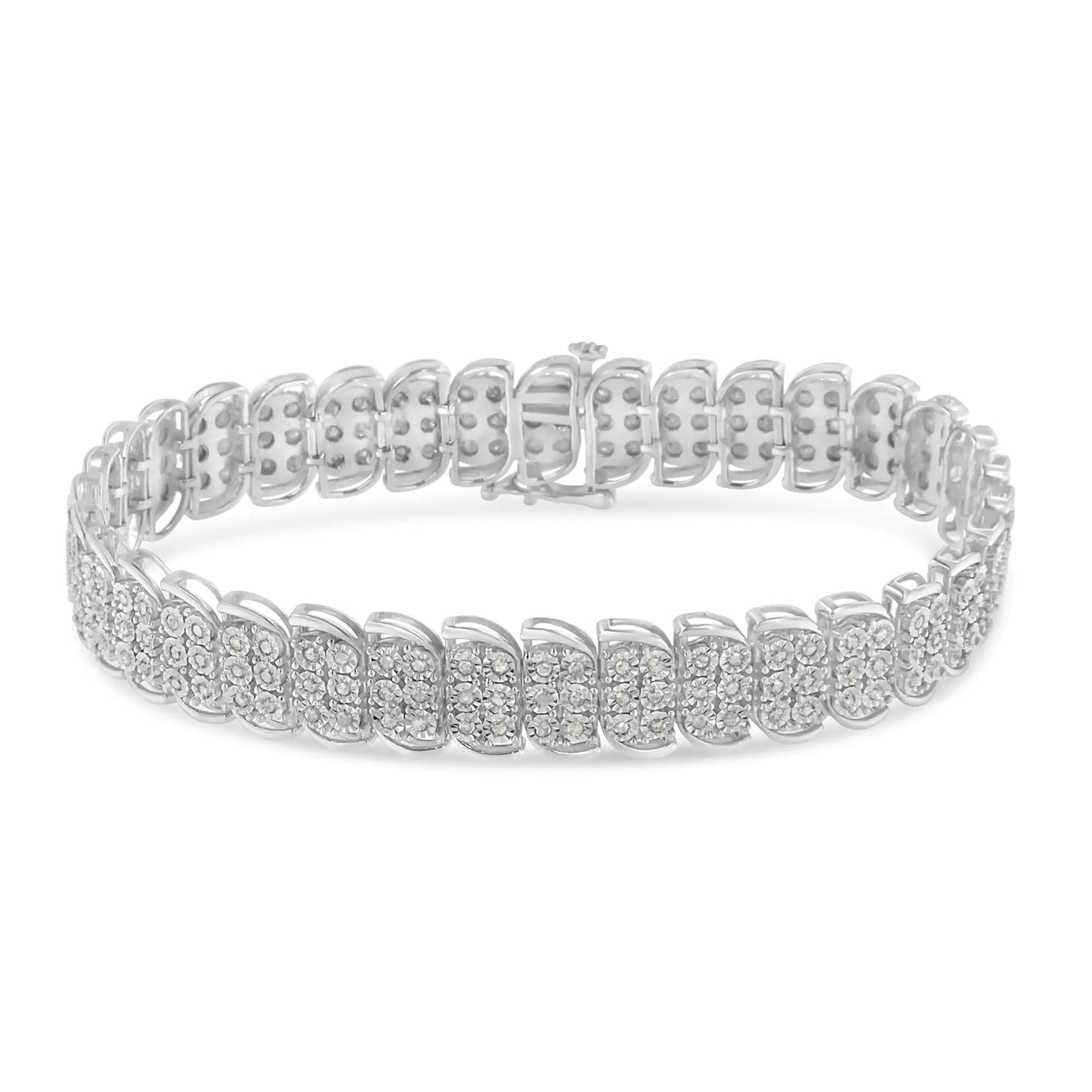 Pulseira de Tênis em Prata de Lei .925 com 2,0 Quilates de Diamantes em Configuração Milagrosa com 3 Filas e Formato S Curvo (Cor I-J, Clareza I3) - 7,25"