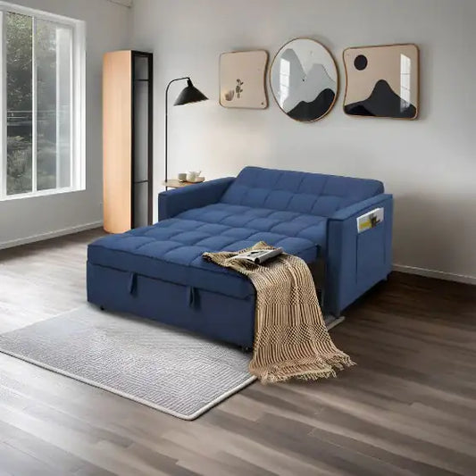 Stylish Blue Pull-Out Sofa Bed With Woven Polyester Fabric & Solid Wood Frame