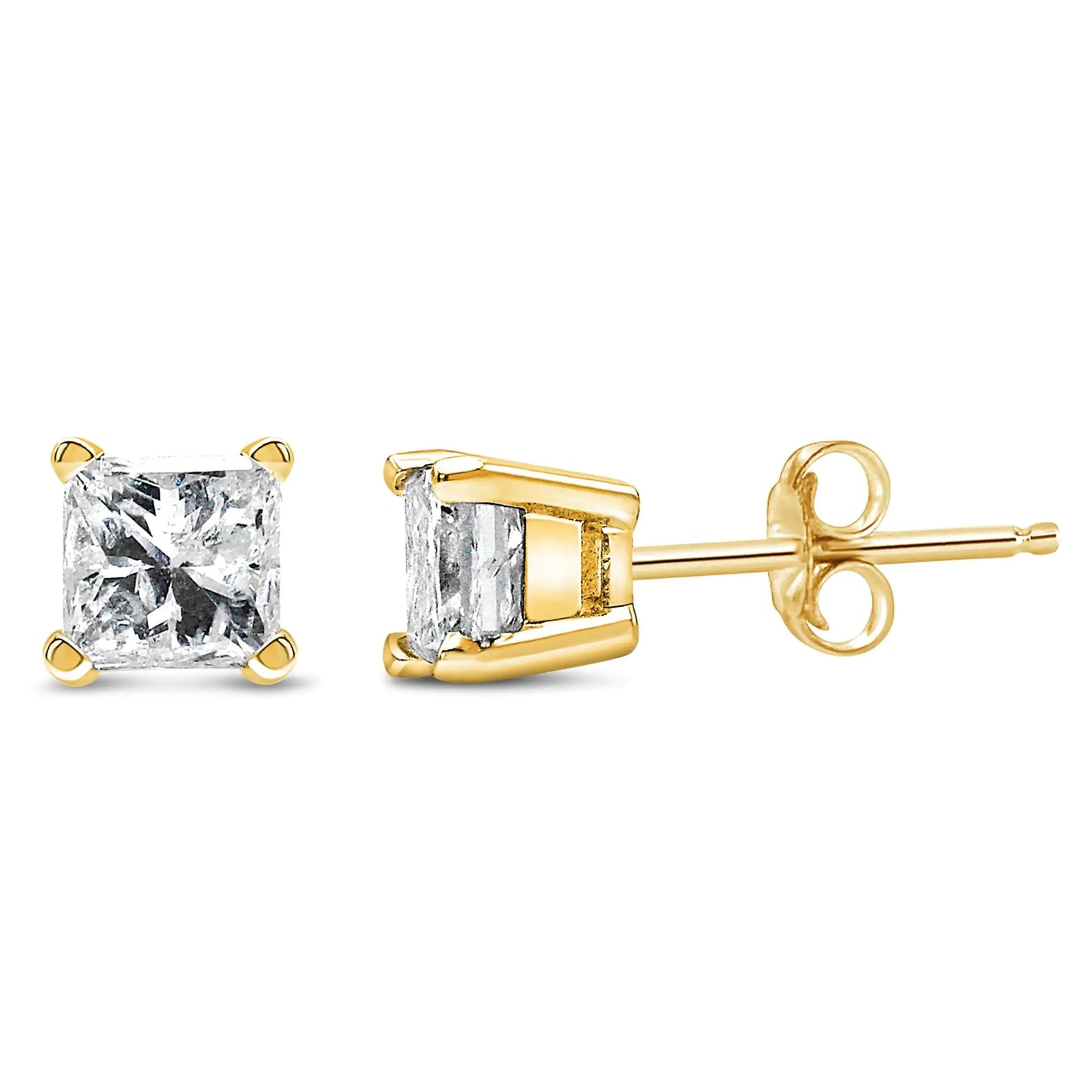 Boucles d'oreilles clous solitaire en diamant taille princesse monture 4 griffes en or jaune 14k certifiées IGI (Couleur L-M, Clarté I1-I2)