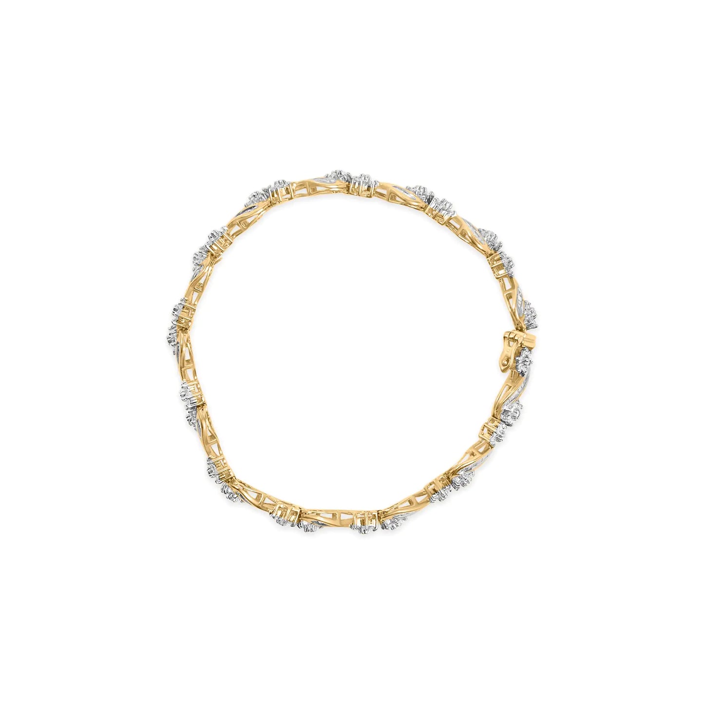 10k Yellow Gold 3.00 Cttw Round-Cut and Baguette-Cut Floral Link 7.25" Bracelet (I-J Color, I1-I2 Clarity)