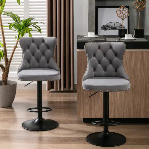 Swivel Velvet Barstools Adjusatble Seat Height From 25-33 Inch Gray Set Of 2