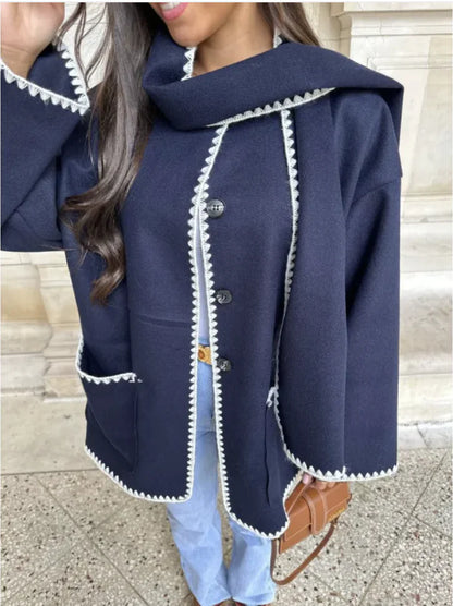 Women's Color-Contrast Woolen Scarf Coat