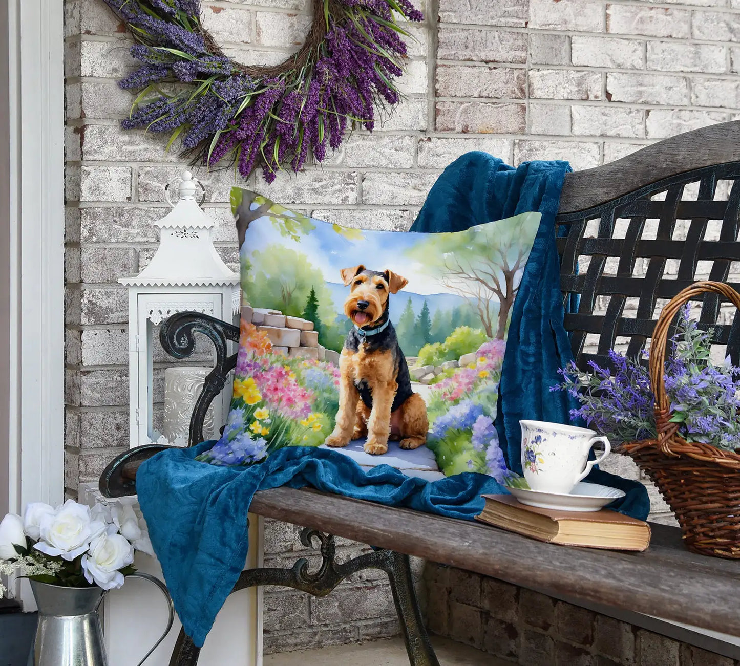 Airedale Terrier Spring Garden Throw Pillow