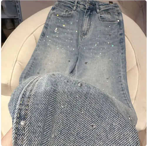 High-Waist Rhinestone Straight-Leg Jeans