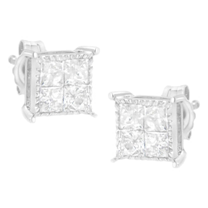 Boucles d'Oreilles Carrées en Or Blanc 10K avec Diamant de Coupe Princesse (3/4 cttw, Couleur I-J, Clarté I2-I3)