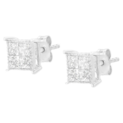 Boucles d'Oreilles Carrées en Or Blanc 10K avec Diamant de Coupe Princesse (3/4 cttw, Couleur I-J, Clarté I2-I3)