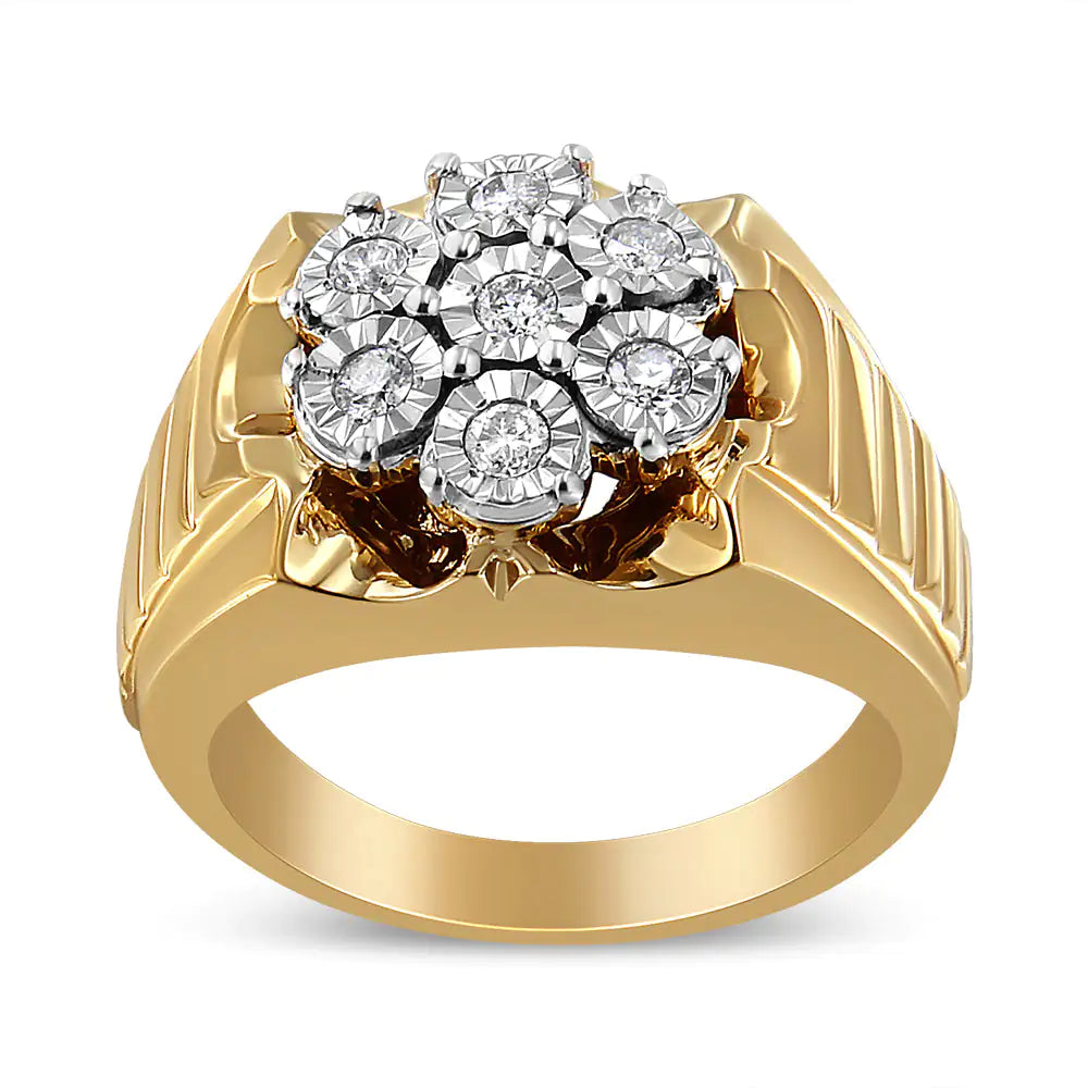 Anillo de Racimo de Diamantes Florales Milagroso de 1/3 Quilate en Plata Esterlina .925 Bañada en Oro Amarillo de 14K (Color I-J, Claridad I1-I2)