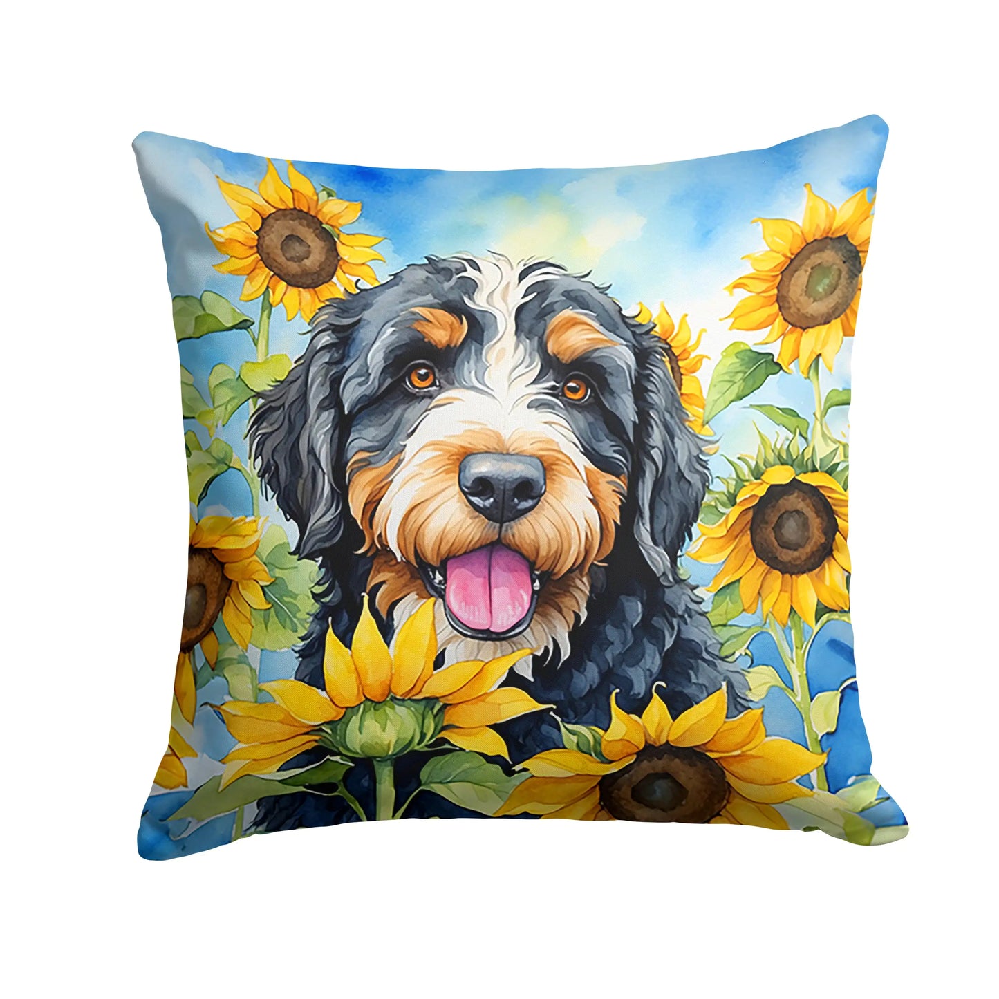 Bernedoodle in Sunflowers Throw Pillow