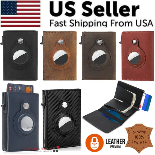 For Airtag Wallet Case Genuine Leather Credit Card Holder Magnetic Air Tag Cover