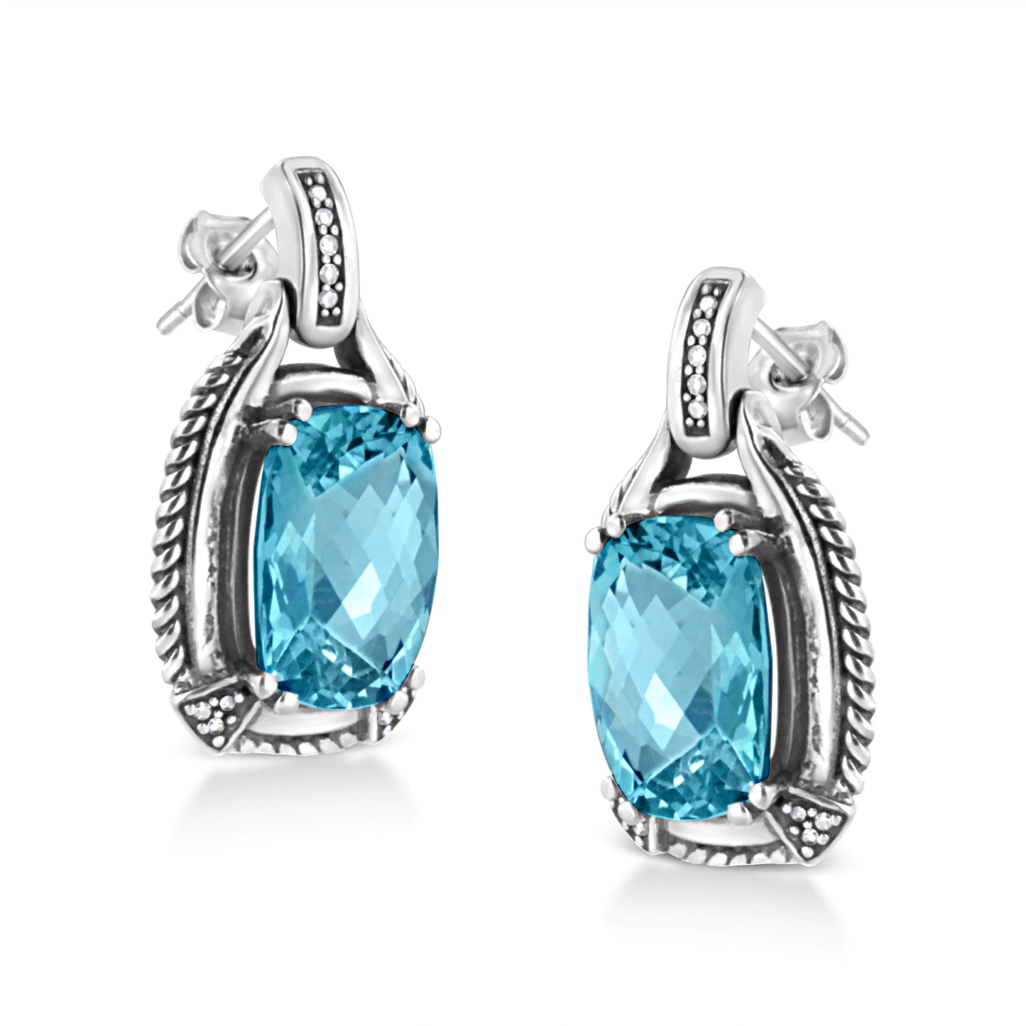 Boucles d'oreilles pendantes en argent sterling .925 avec topaze bleue de taille coussin 14x10MM et accent de diamants (Couleur I-J, Clarté I1-I2)