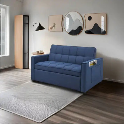 Stylish Blue Pull-Out Sofa Bed With Woven Polyester Fabric & Solid Wood Frame