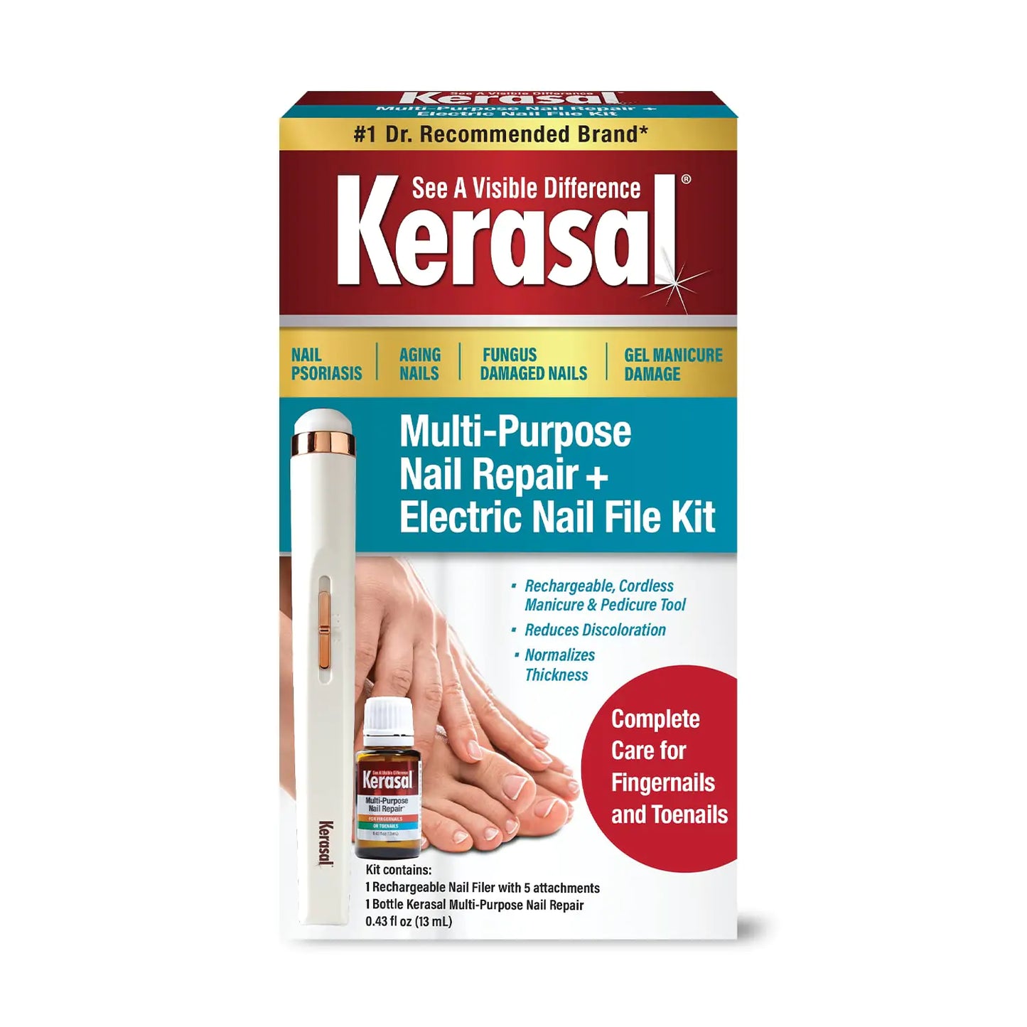 Kerasal Multi-Purpose Nail Repair and Electric Nail File Kit - Nail Repair for Damaged Nails - Nail Care Kit Includes 0.43 fl oz Solution and Electric Nail File Multi-Purpose Nail Repair + File 0.43 Fl Oz (Pack of 1)