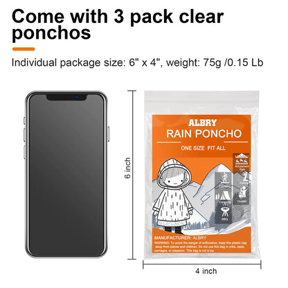 ALBRY Disposable Rain Ponchos for Adults with Drawstring Hood - Emergency Rain Ponchos Family Pack for Women and Men,Clear One Size 3 Pack