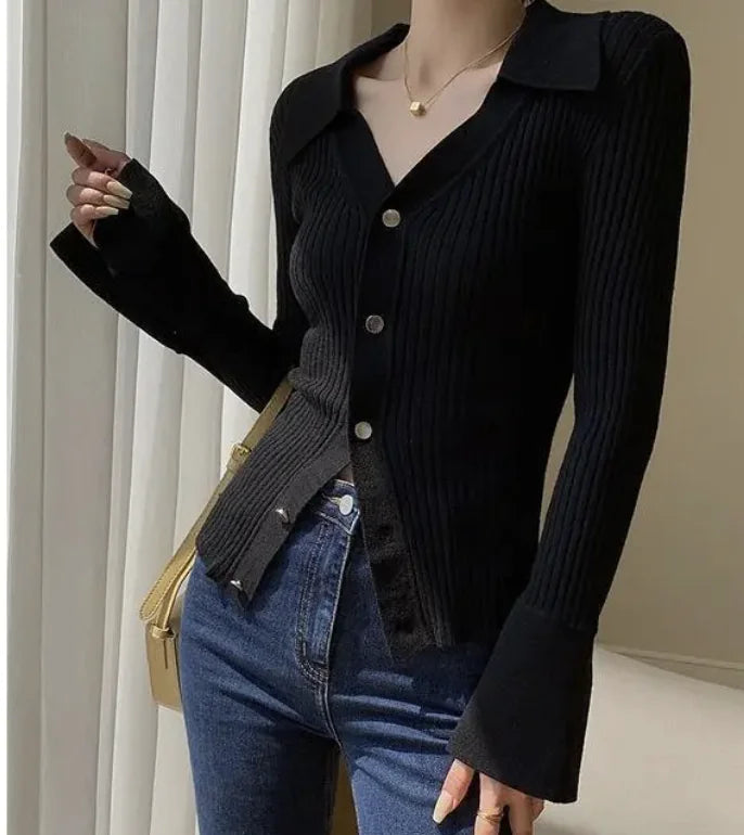 Stylish V-Neck Solid Color Knitted Cardigan