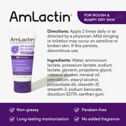 AmLactin KP Bumps Be Gone - 3 oz Keratosis Pilaris Moisturizing Cream with 15% Lactic Acid - Exfoliator and Moisturizer for Dry, Rough and Bumpy Skin, Pack of 2 (Packaging May Vary) 3 Ounce (Pack of 2)