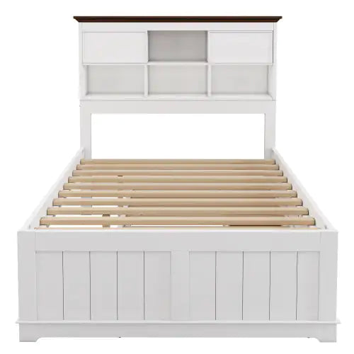 Solid Pine Captain Bookcase Bed With Trundle Bed And 3 Spacious Under Bed Drawers In Casual,Full, White Walnut