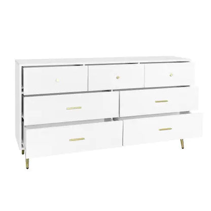 Seven Drawers Large Chest Of Drawer Cabinet With Golden Handle And Golden Legs White Color