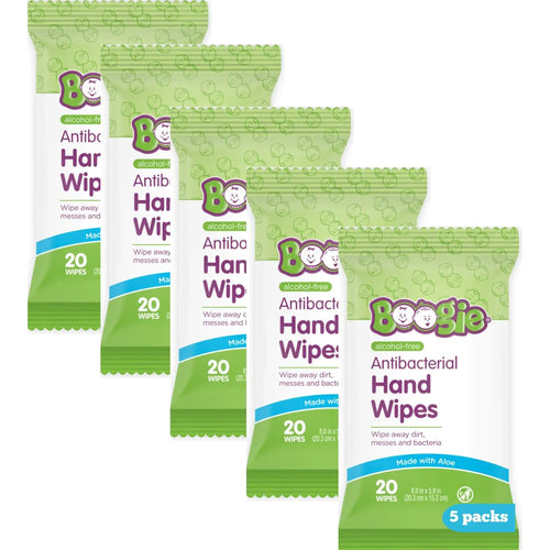 Antibacterial Hand Wipes by Boogie, Alcohol Free, Hypoallergenic and Moisturizing Aloe, Hand Wipes for Kids and Adults, 5 Packs of 20 (100 Total Wipes)